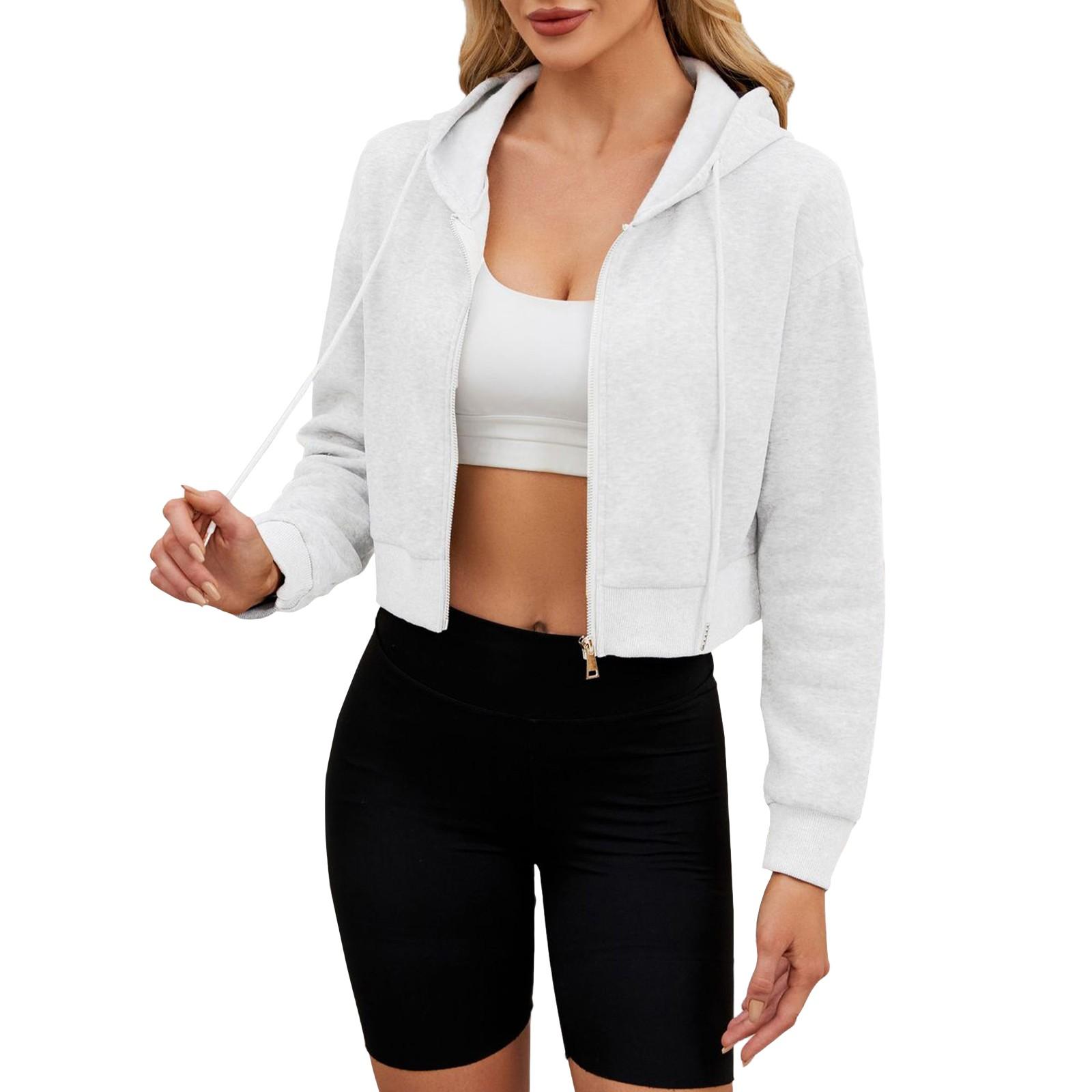 

Женская мода осень и зима повседневная однотонная куртка с капюшоном на молнии с длинным рукавом XL белый