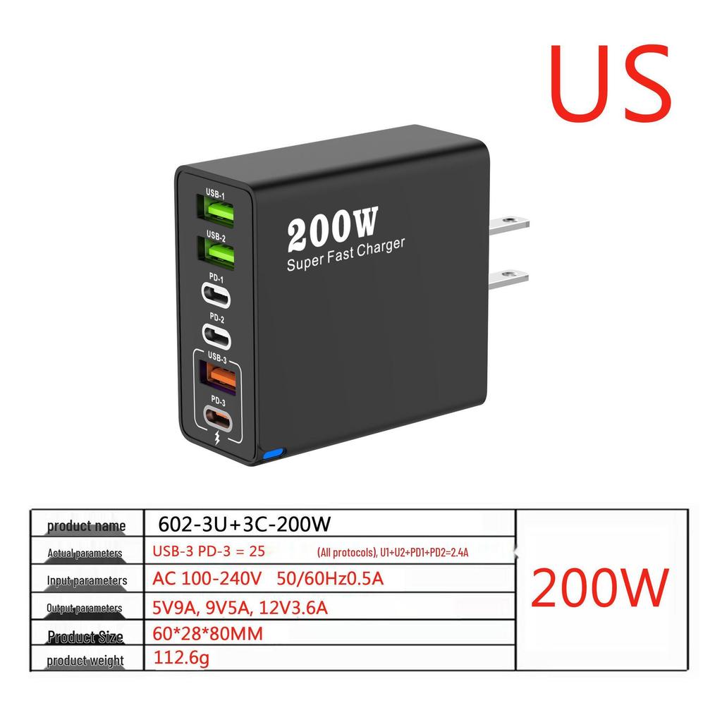 200W Multi-Port Charger - 3 USB & 3 PD Ports, Six-in-One Fast Charging for Phones (5V 2.4A), EU/US/UK Compatible