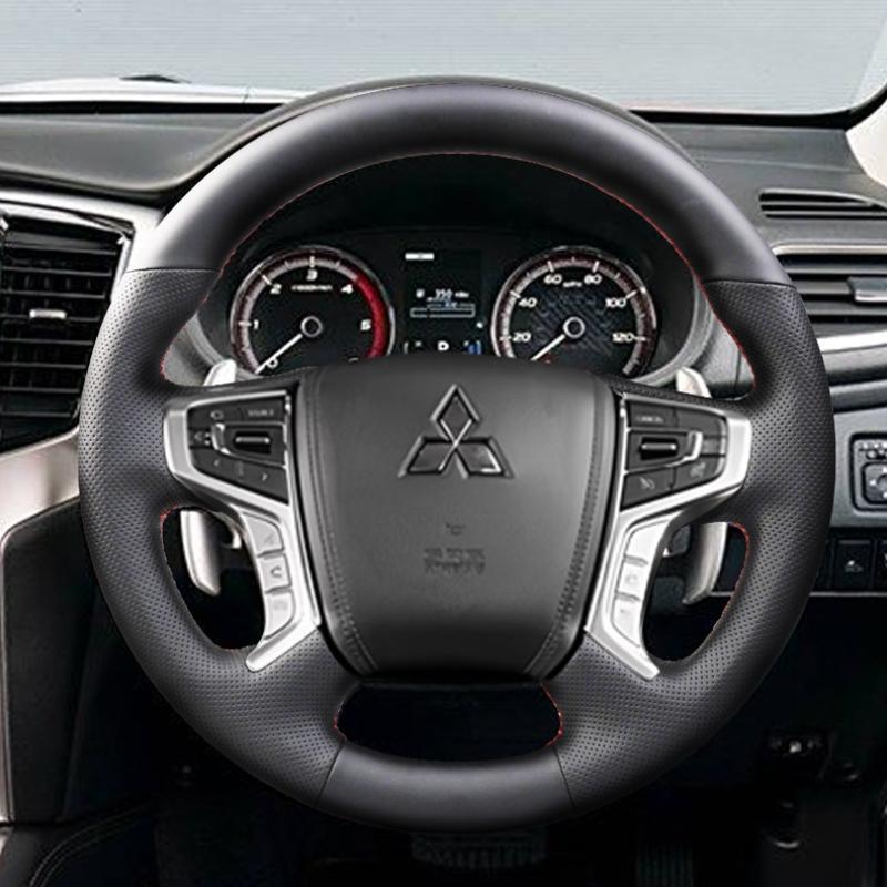 

Для Mitsubishi Pajero Sport III Montero 2015- Черная кожаная противоскользящая накладка на руль автомобиля, сшитая вручную Red line style