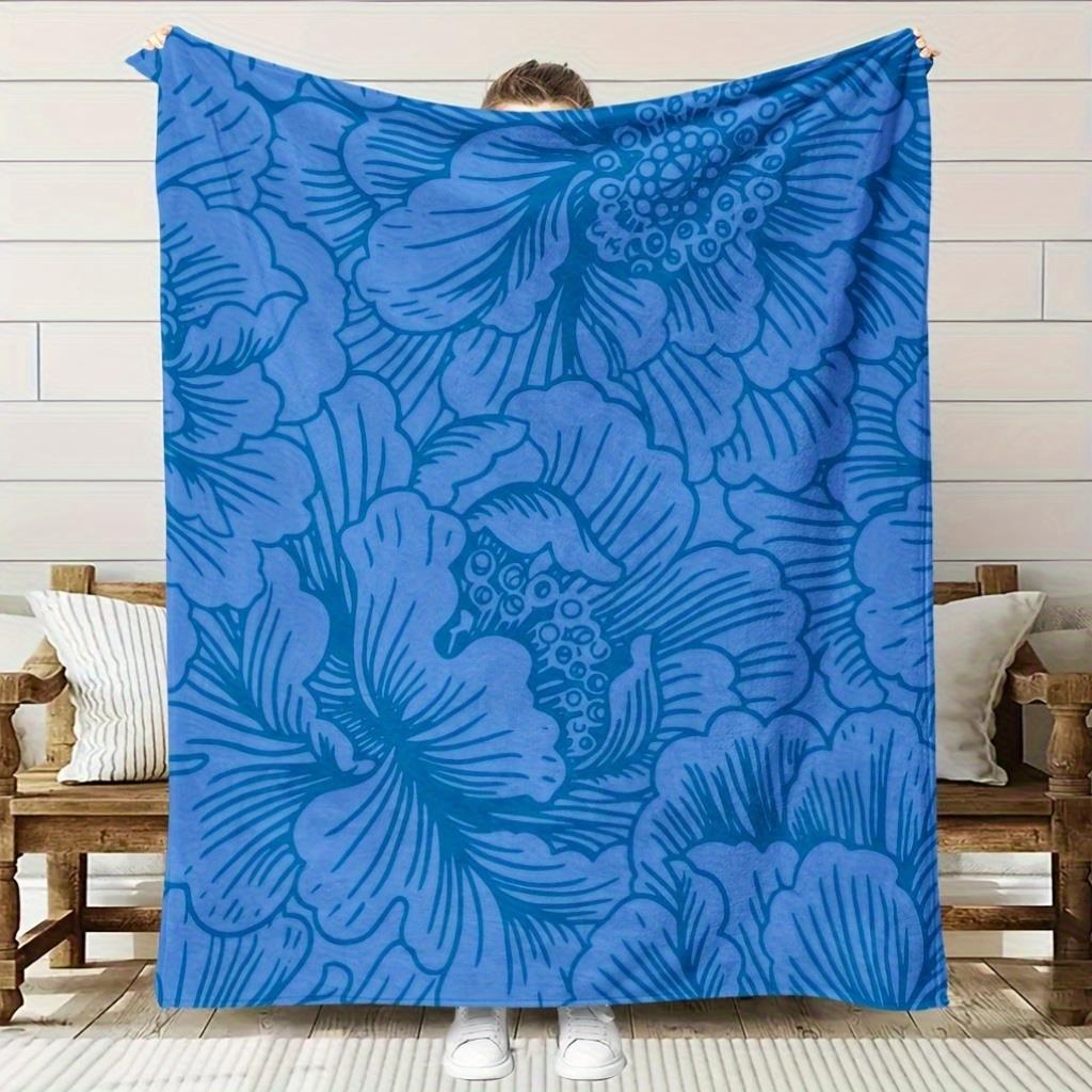 

Luxury Blue Hibiscus Flower Plush Flannel Blanket - Turquoise & Navy Golden HD Digital Print, Heavyweight All-Season Beds 130x150cm
