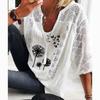 Sommer Lose Gedruckt Patchwork Plus Größe Shirt Frauen U-ausschnitt Halbe Hülse Aushöhlen Spitze Bluse Frauen Elegante Mode Vintage Dame shirts Tops 24550