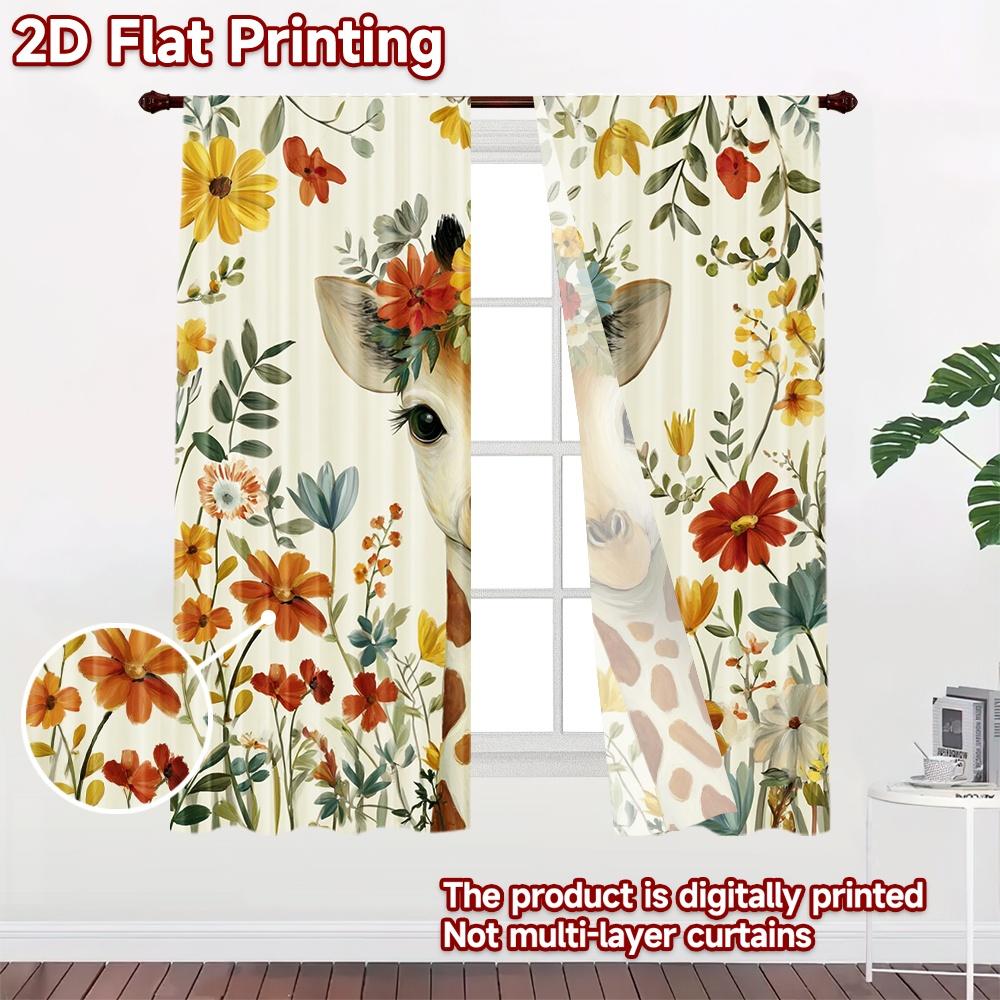 2D flat printing 2pcs Curtain Drapes Spring Giraffe Among Flowers Digital Printed Polyester Drapes All Season Party & Holiday