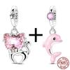 Copper Sparkling Pink Bow Tie Cat And Dolphin Charm Pendant Beads Fit Original Bracelet For Women Jewelry Gifts
