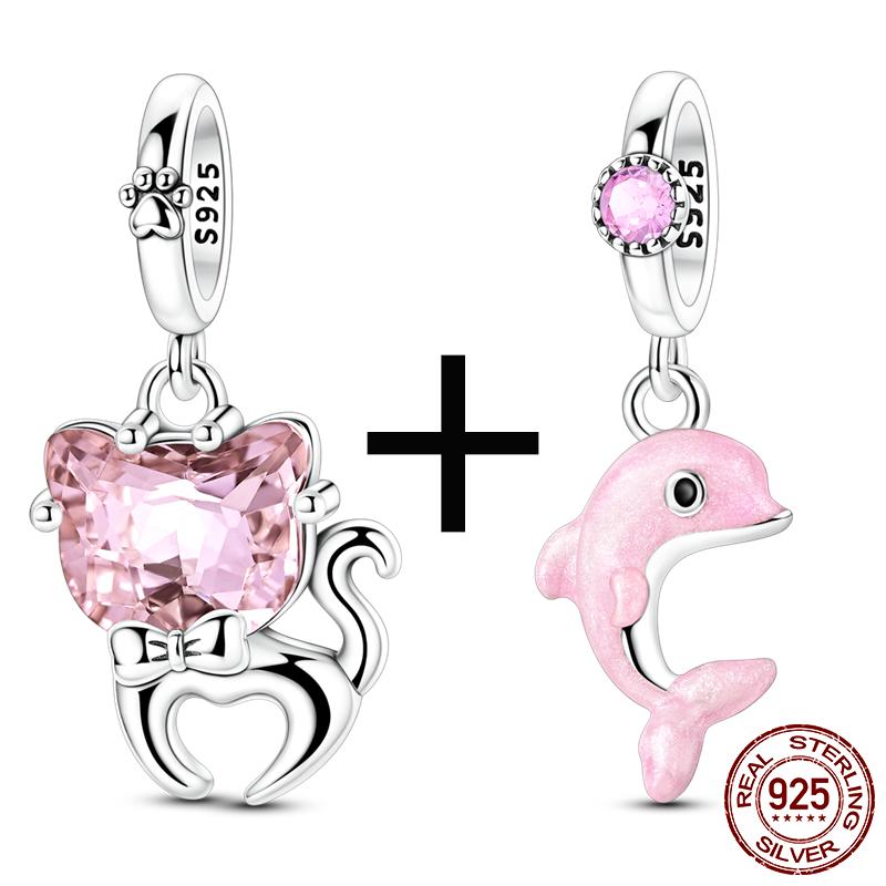 

Copper Sparkling Pink Bow Tie Cat And Dolphin Charm Pendant Beads Fit Original Bracelet For Women Jewelry Gifts