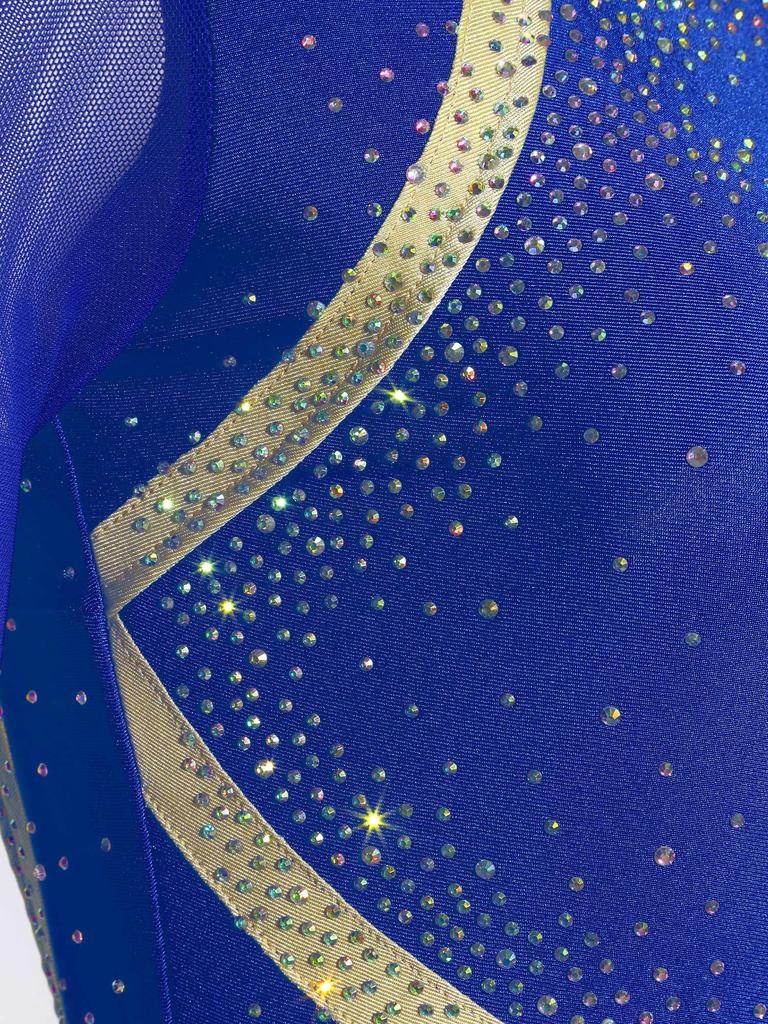 Women's Performance Dancewear - Sheer Mesh Long Sleeve Backless Dress with Rhinestones for Lyrical & Skating