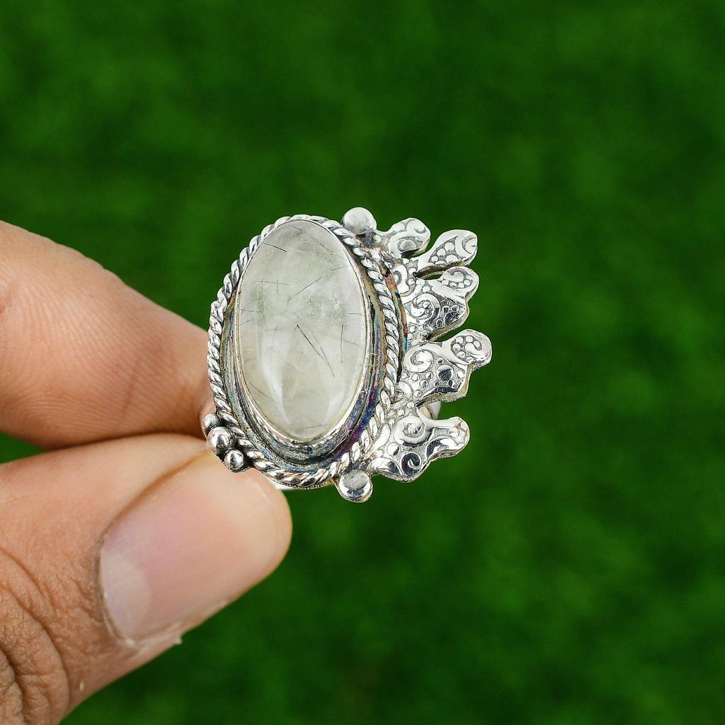 Natural Rutile Gemstone Promise Black Adjustable Ring 925 Sterling Silver