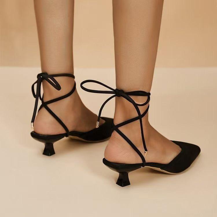 European and American Outer Wear Pointed Head Straps Bow Cross Anklet Sole Heels Women's Banquet Nightclub Sexy Stiletto Women's Single Shoes