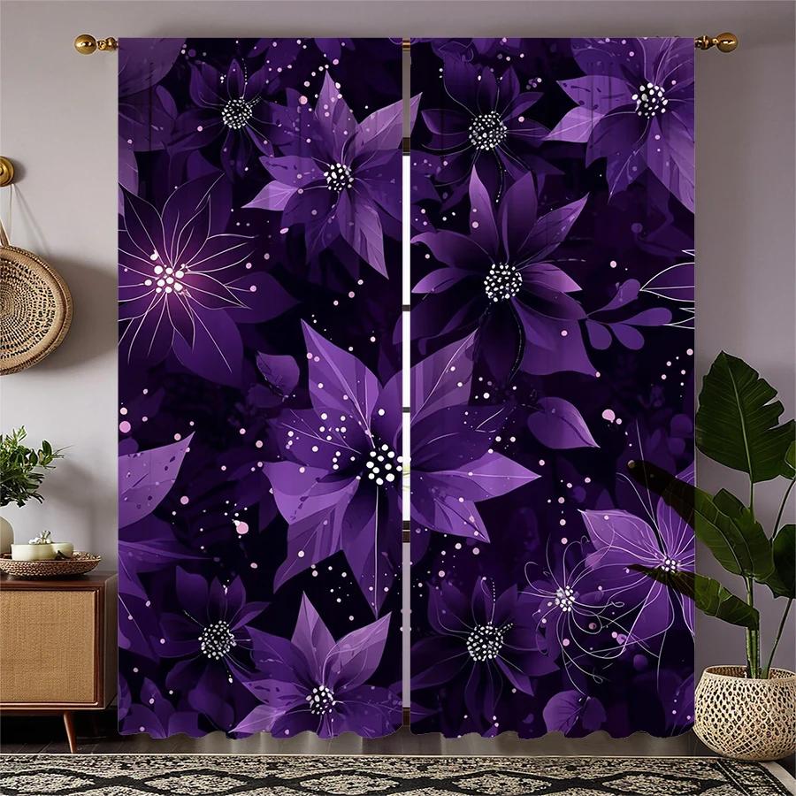 Christmas Flower Printed Curtains Decorations Home Room Set Of 2 Made Polyester