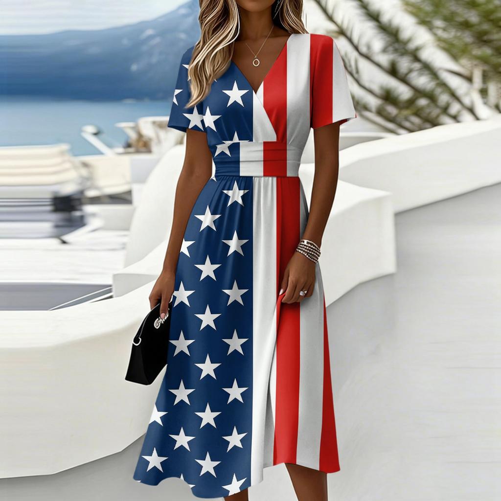 Women's Independence Day Print Casual Fashion Short Sleeve V-Neck Dress