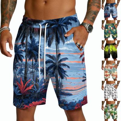 Herren Freizeitshorts mit Kordelzug Leichte Schnelltrocknende Fünf-Punkt-Länge Hawaiianischer Print Strandbekleidung Badehose mit Taschen