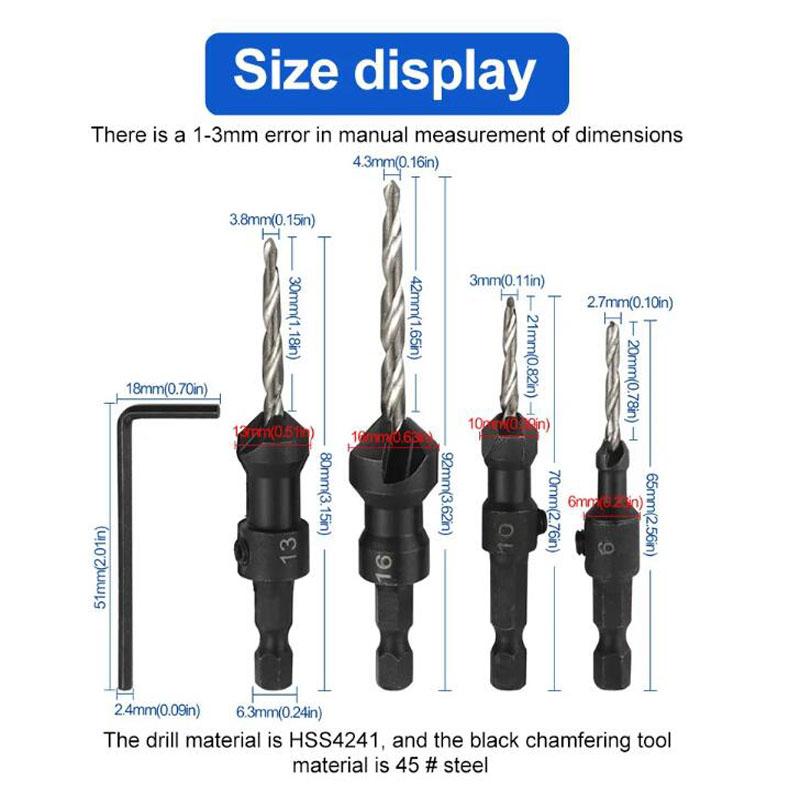 4pcs HSS 4241 Carpentry Countersink Drill Bit Set Quick Change Hex Shank Screw #6 #10 #13 #16+1pc Wrench