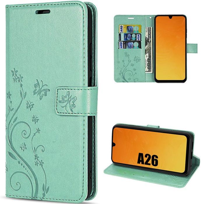 Case for Samsung Galaxy A26 5G - BOOLING - Shockproof Synthetic Leather Plant Butterfly Pattern Green