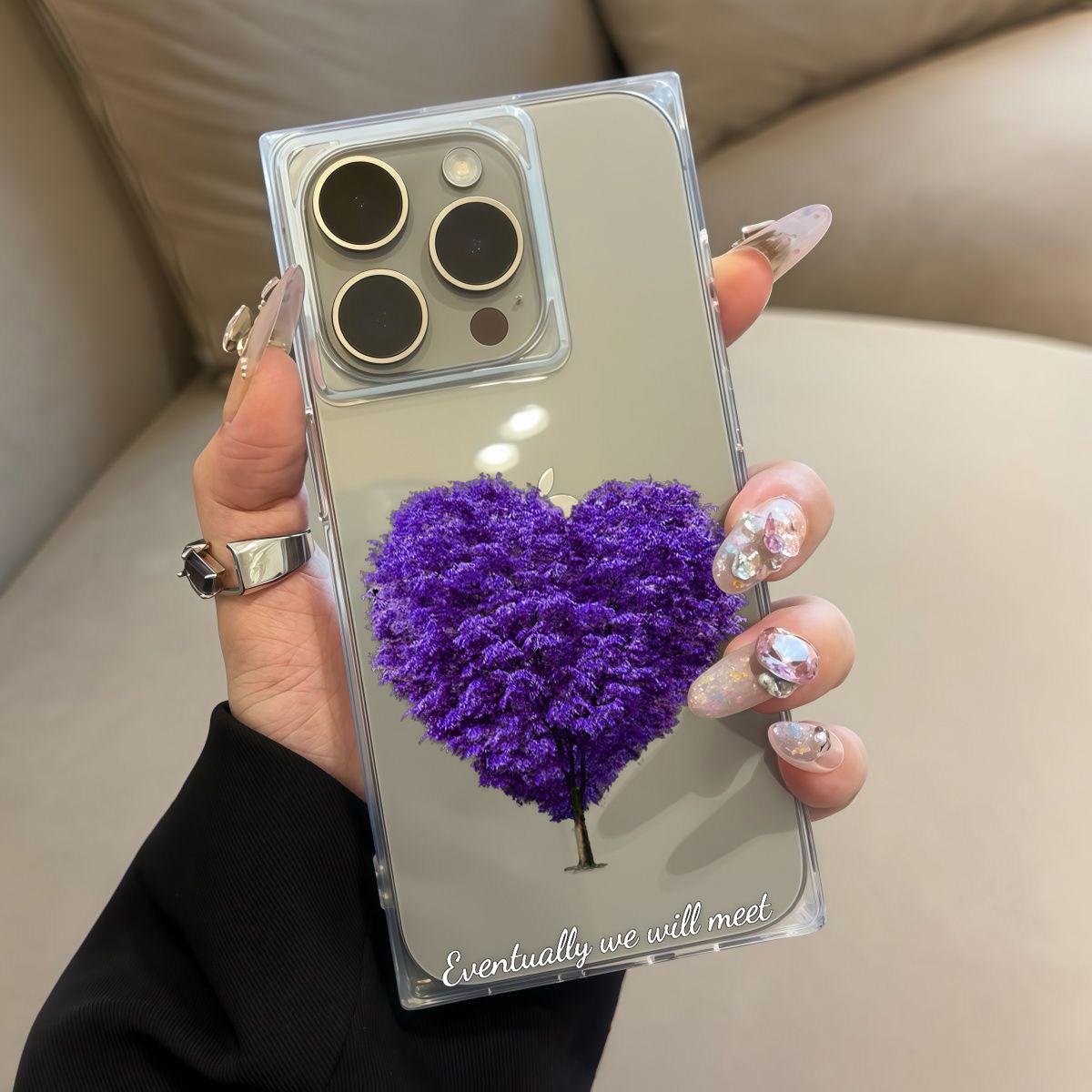 

Square Back Tube Protection Clear Case For iPhone 16 ProMax 13 12 14 Pro Max 15 Plus 11 Anti-Oxygen,Purple Tree Love Pattern Casing iphone 11 ProMax