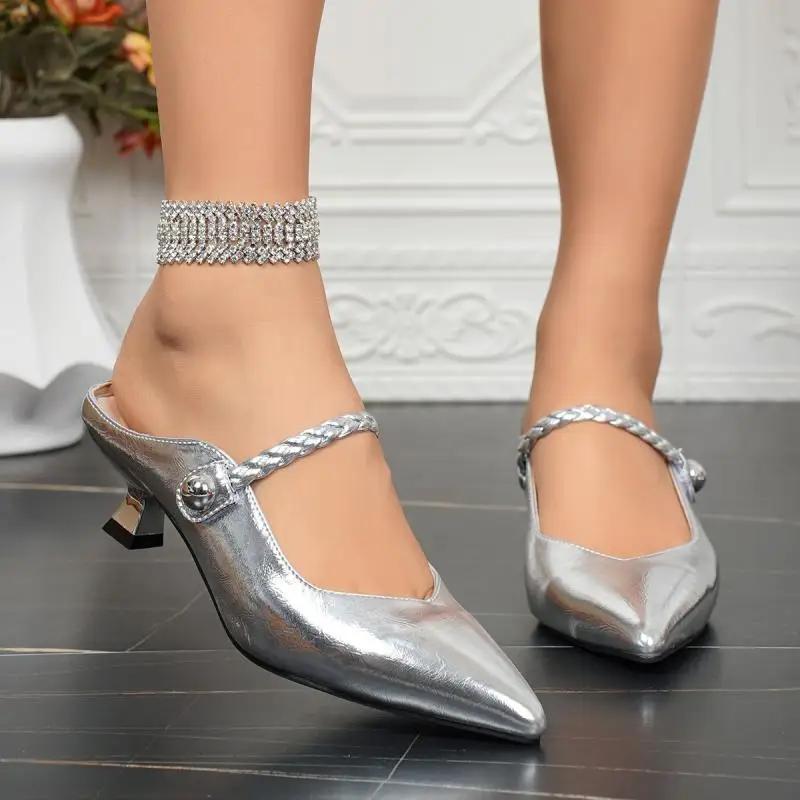 Fashion Silver Vintage Pointed Toe Mules Slippers Women 2025 Summer Weaving Strap Close Toe Low Heel Slippers Vintage Jazz Shoes Size 43