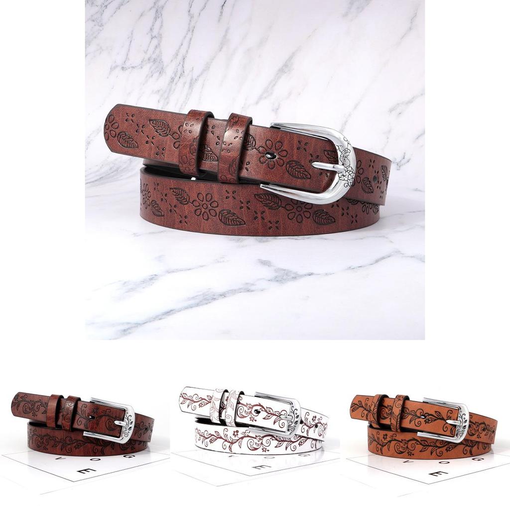 Fashion Pu Leather Leaf Pattern Belt With Metal Pin Buckle For Casual And Office Wear