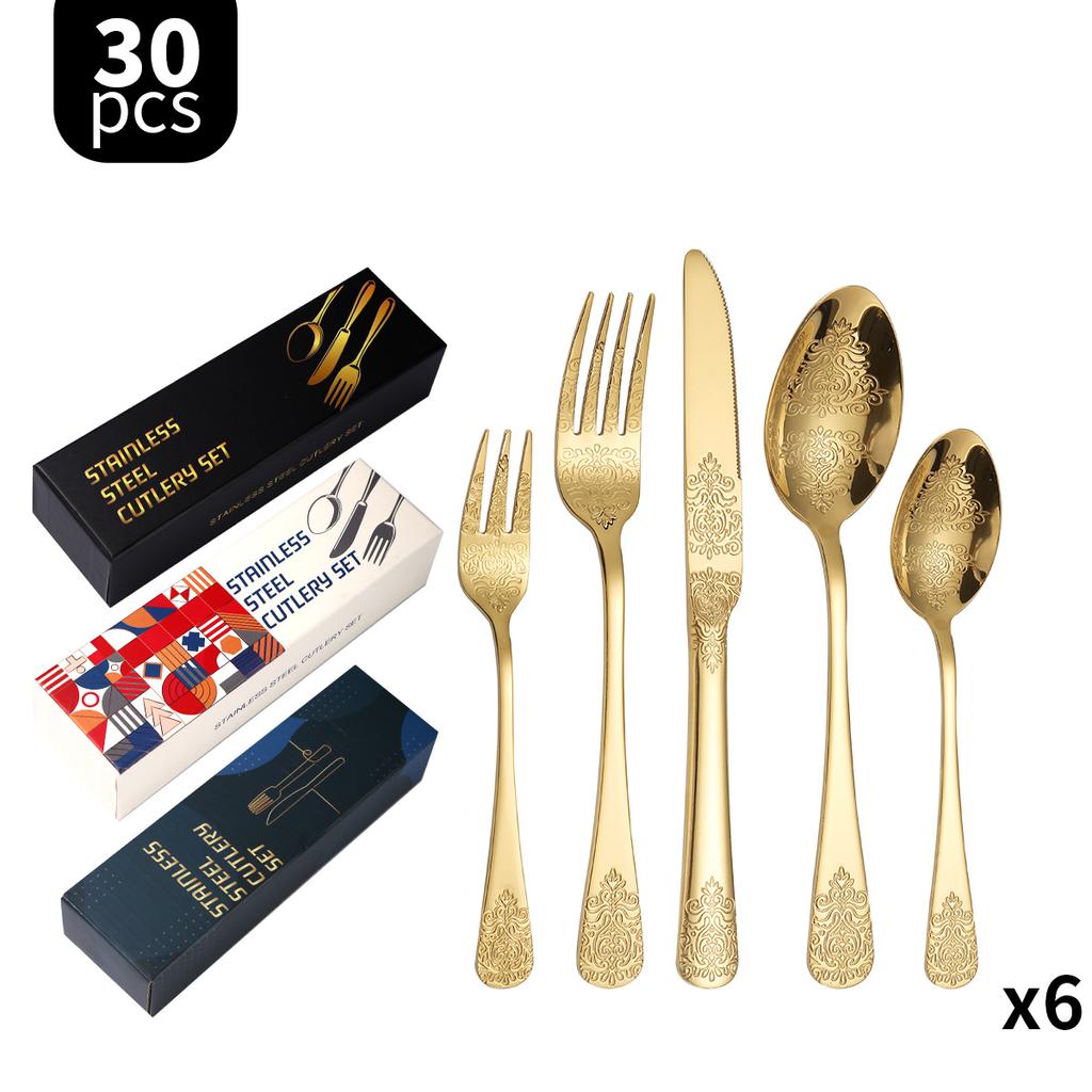 Double-Headed Flower Pattern Tableware Knife, Fork and Spoon 430 Stainless Steel Advanced Western Tableware 5 Main Pieces Suit
