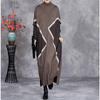 Johnature Mujer Otoño Moda Cuello Alto Suelto Manga Larga Vestido Estilo Chino Contraste Vestido Casual