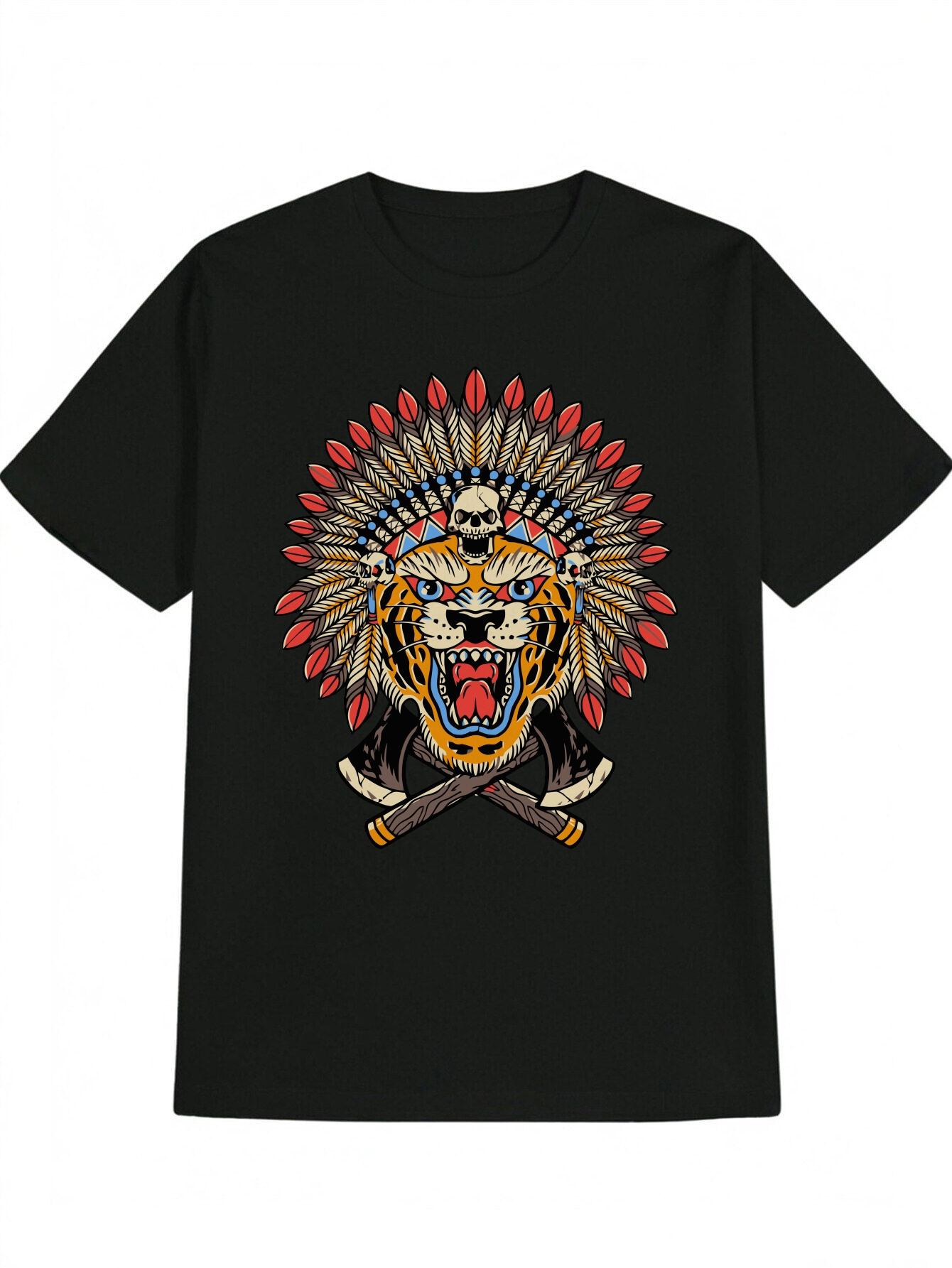 Casual Short Sleeve T-shirt with Vibrant Tiger Head & Tribal Headdress Print - Black Round Neck Summer Top XXL