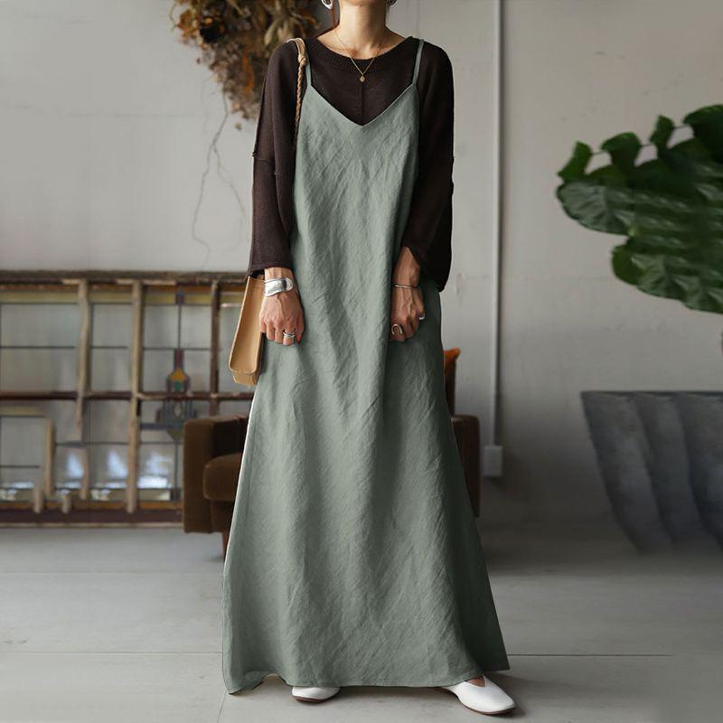Women's Casual Loose Sleeveless Solid Skirt V-neck Backless Sexy Long Dress 2024