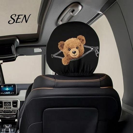 Cartoon Graphic Headrest Protectors Zipper Bear Car Cover, 2D Flat Print Cute Seat Humorous Accessories Protector, Universal Breathable Auto Interior