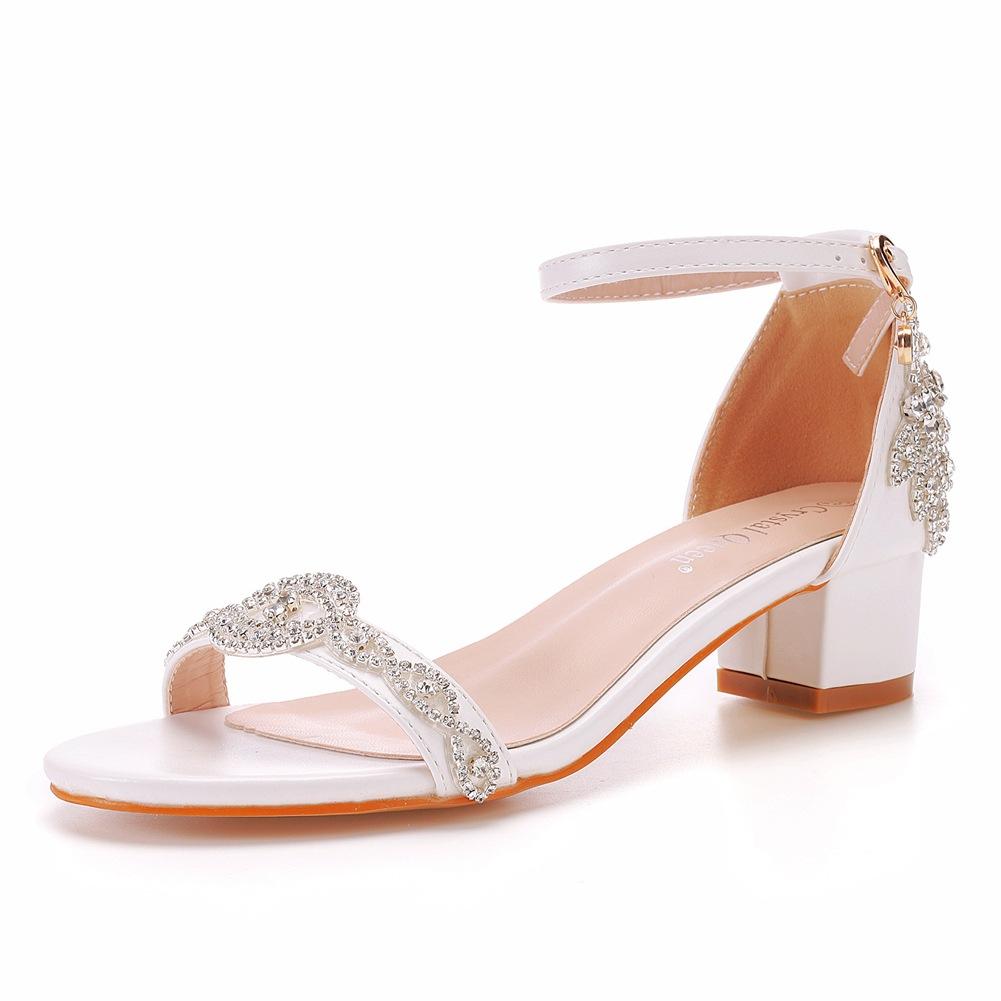 7cm Thick Heel Shallow Mouth One-strip Sandals Thick Square Heel Sandals White Rhinestone Bride Wedding Sandals Women's Large Size