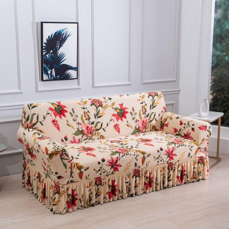 Floral Digital Print Elastic Sofa Cover with Ruffled Hem - Stretchy One-Piece Design, Adjustable Straps  Couch Covers for Sofa