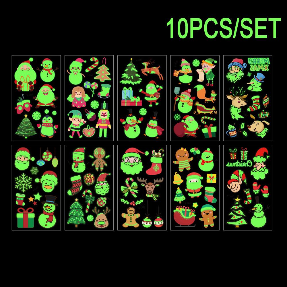 Christmas Glowing Tattoo Stickers, 10 Sheets, Each Sheet Is About 10 5X6 Cm A Variety Of Fun Cute Designs Featuring Snowflakes, Christmas Trees, Rei