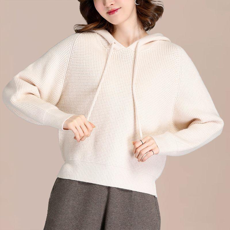 Damen Lockerer Lässiger Stil Pullover Herbst Winter Neu Fledermausärmel Oberteil Verdickt Kurz Kapuzenstrick Basisschicht