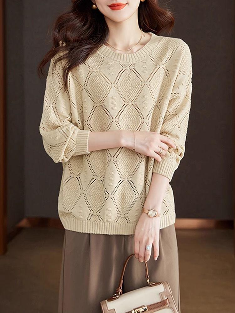 Camiseta Base Fina de Primavera Top Camiseta Base de Primavera y Otoño Holgada Primavera Calado Manga Larga Tejido de Punto Mujer