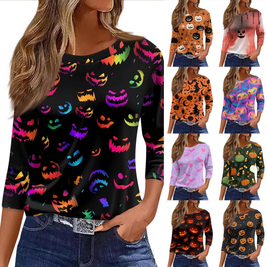 Women's Fashion Casual Short Sleeve Neck Top with Halloween and Pumpkin Print