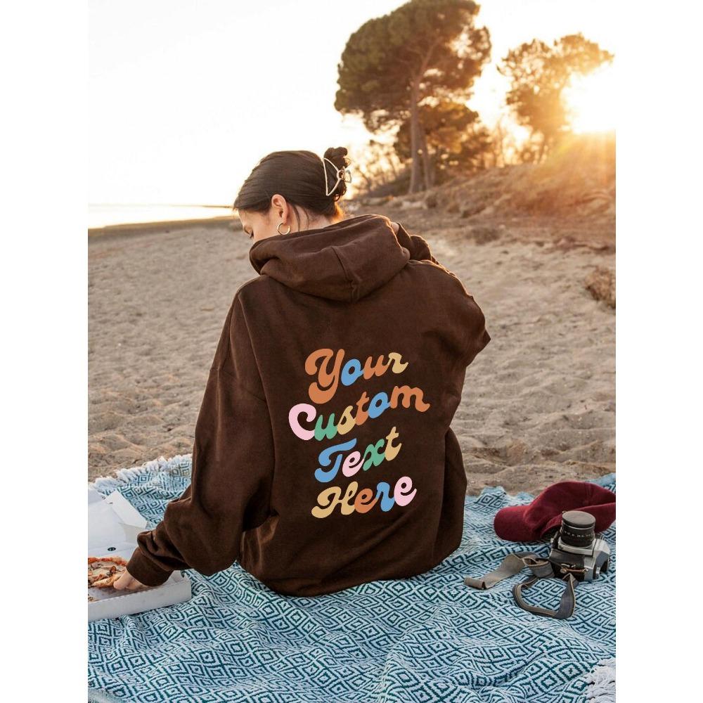 Down Sleeve Women'S Fleece Sweater Plain Letter Print Kangaroo Pocket Drawstring Print Hoodie