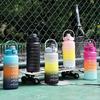2L Outdoor Large Capacity Water Bottle Plastic Cup Bounce Cover Portable Leakproof Straw Cup Time Marker Gradient Gym Bottles