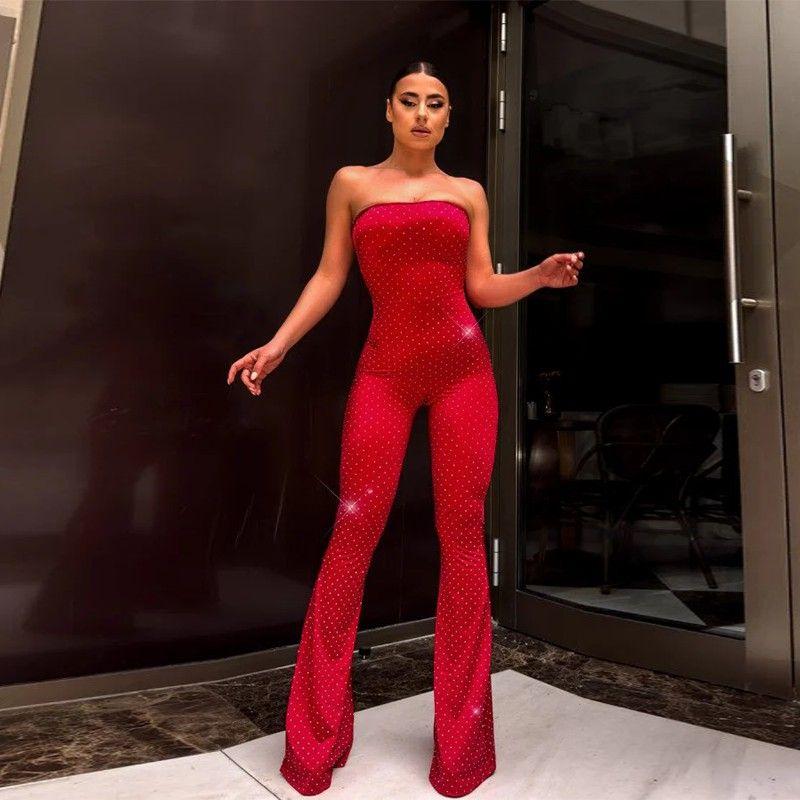 

Outfitgirl6 Red Bright Silk Flash Tube Top Jumpsuit Sexy Sexy Silm Slim Looking Sheath Flared Pants Red S
