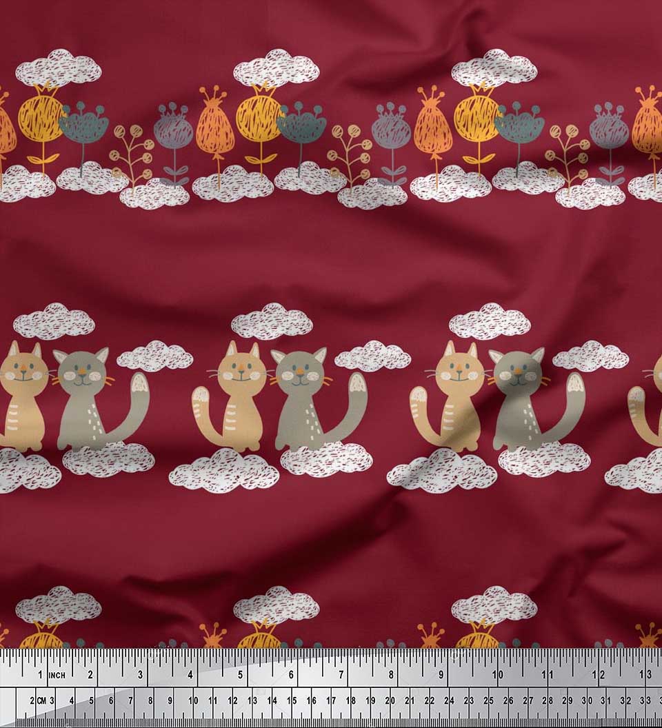 

Тканина Soimoi Japan Crepe Satin Fabric Floral, Clouds & Cat Kids Print Тканина на метри 42 дюйма 42 Inch Wide - Poly Crepe червоний