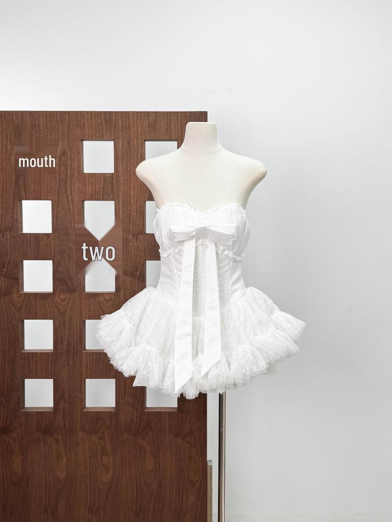 Vietnamese Sweet Bandeau Lace Bow Patchwork A-line Dress