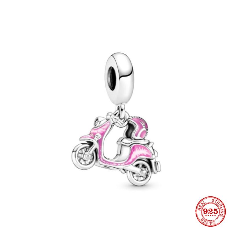 S925 Sterling Silver Pink Black Motorcycle Car Bike Dangle Charm Bead Fit Original  Bracelet Pendant DIY For Women Jewelry