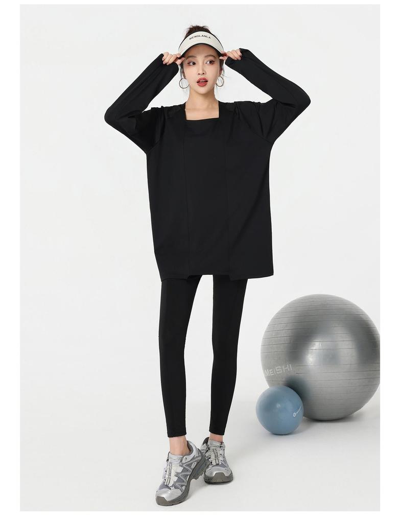 2026 Spring/Autumn Women's Plus Size Yoga Set - Loose Fit Long Sleeve Top & Skinny Tights Fitness Ensemble