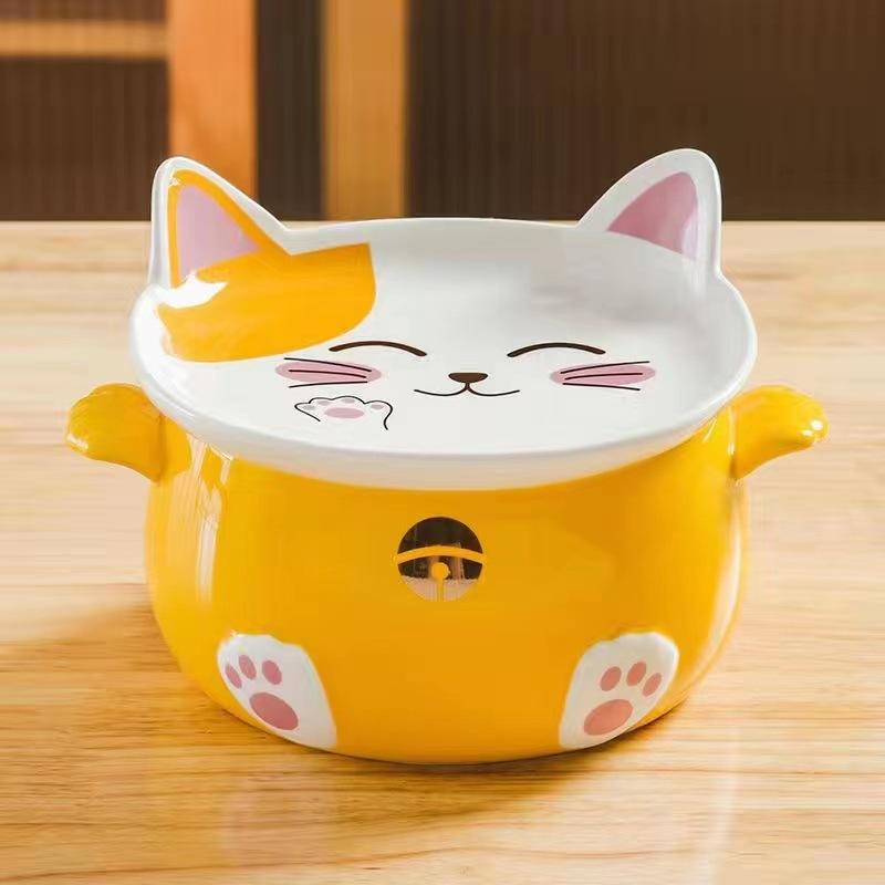 Japanese-style Cute Ceramic Instant Noodle Bowl with Lid Student Dormitory Rice Bowl Soup Bowl Binaural Noodle Bowl Large Tableware Salad Bowl