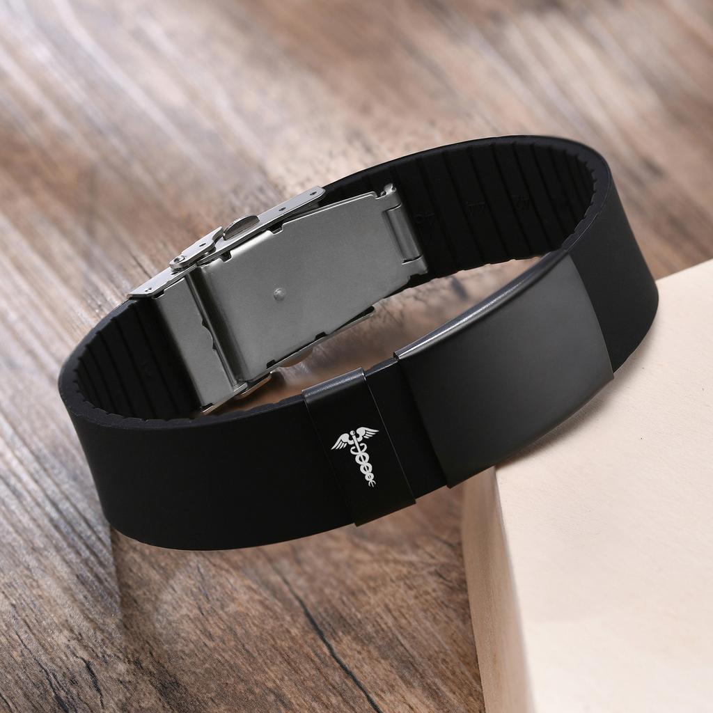 Custom Engrave Blank ID Bracelets for Women,Casual Silicone Wristband with Stainless Steel Medical Logo Tag,Length Adjustable