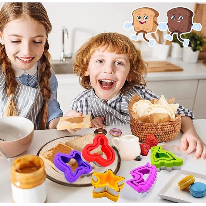 9-Piece Dinosaur Butterfly Cookie Cutters, Stainless Steel Heart Star Sandwich Biscuit Molds, Multicolor Fun Bread Stamp Set for Kids