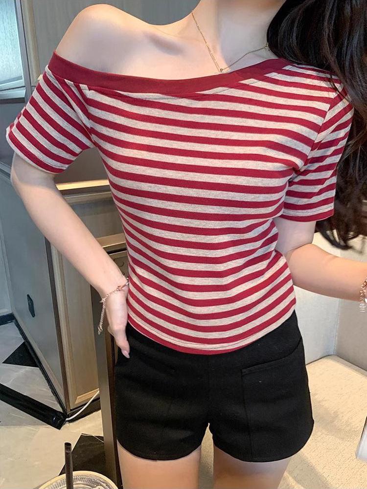 2026 Summer Spicy Girl Off-Shoulder Striped Slim-Fit T-Shirt for Women L