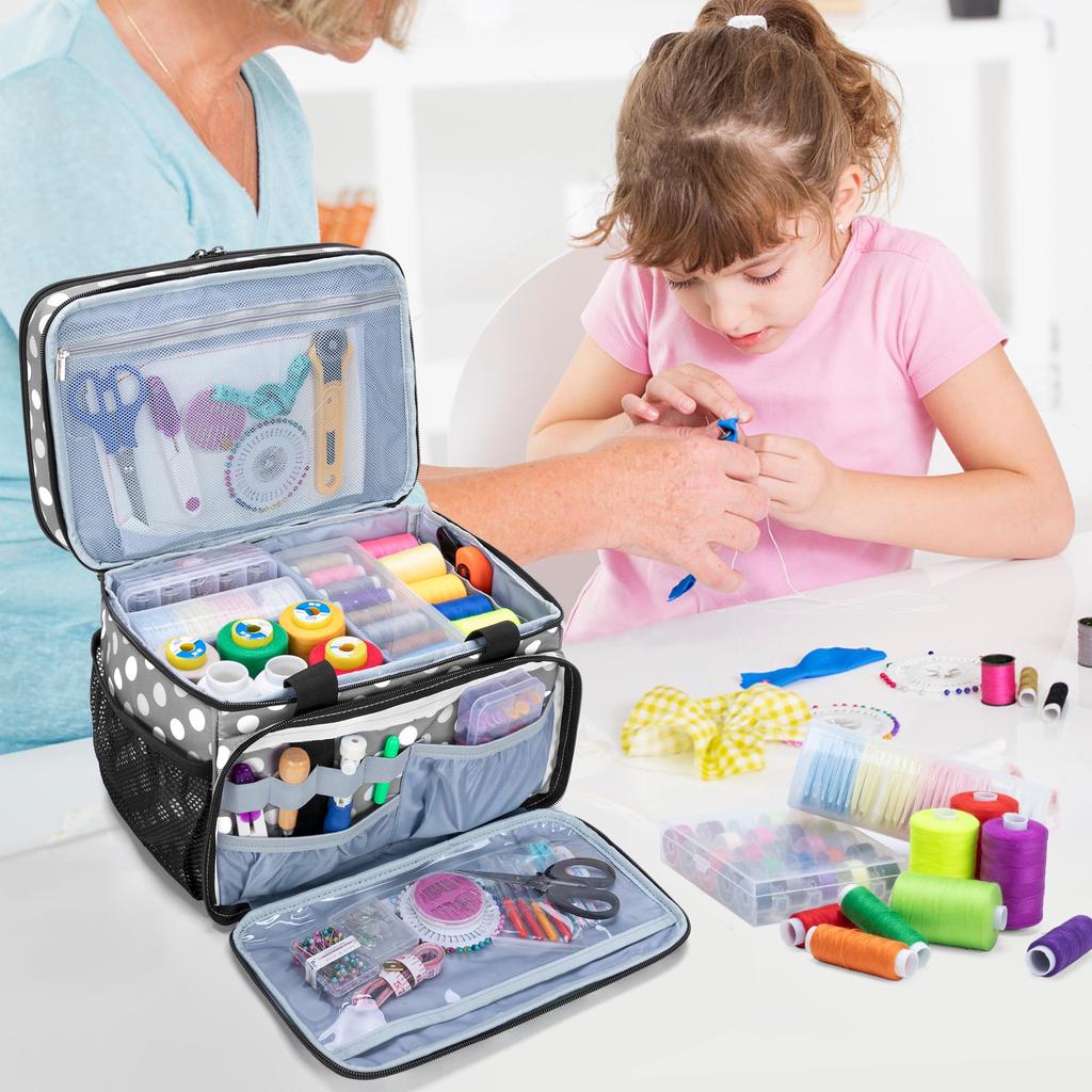 Luxja Sewing Large Capacity Sewing Bag with Storage and Multiple Pockets for Sewing Storage and Bag Gray Dot Box, Two-Tier Tools, Transport, Only,