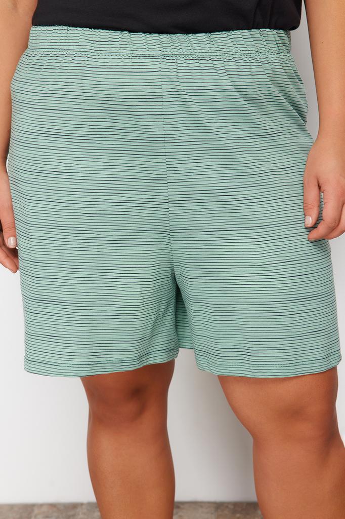 Women's Fashion New Plus Big Size Pajama Set Green Crew Neck Striped Knitted Pajama Set