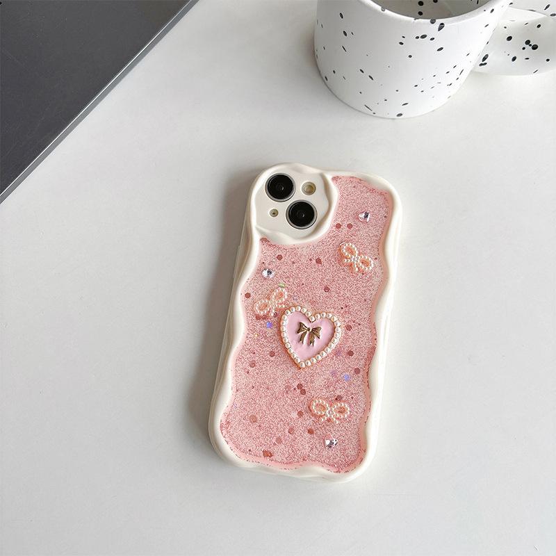 Cream Wind Ins Phone Case for IPhone17 Promax Bow Tie Love for Apple 15 Sparkling Pink Glitter 8 Fine Holes