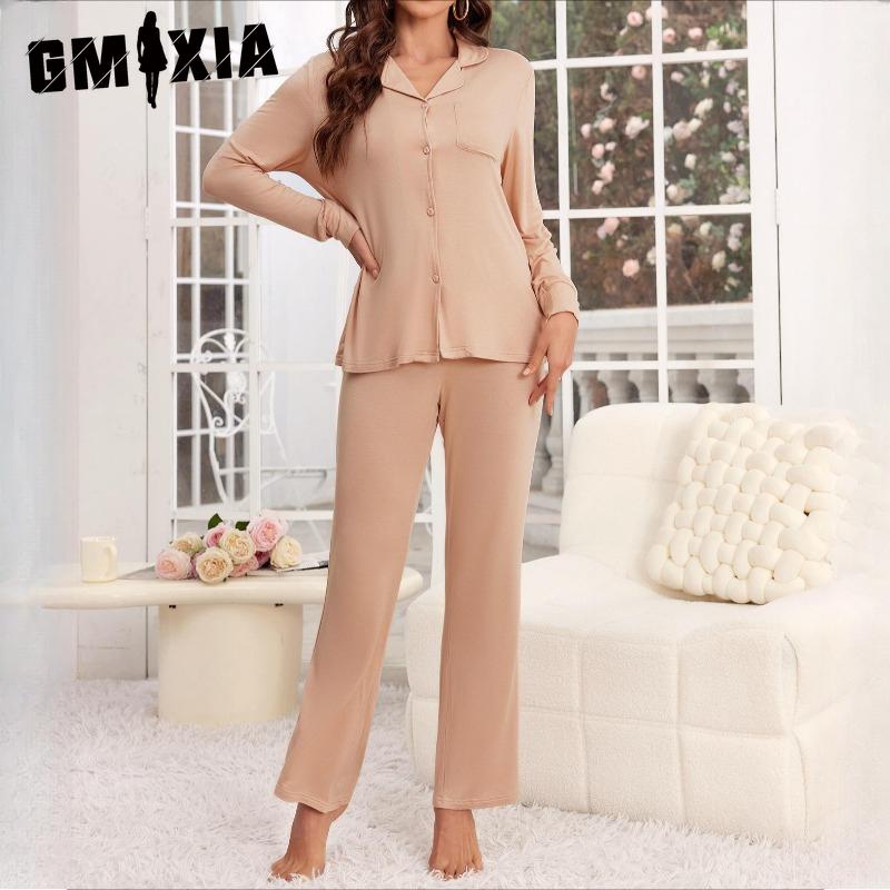 GMXIA Pyjamas Female Autumn and Winter Red New Year Christmas Ice Silk Long-sleeved Shirt Trousers Two-piece Homewear