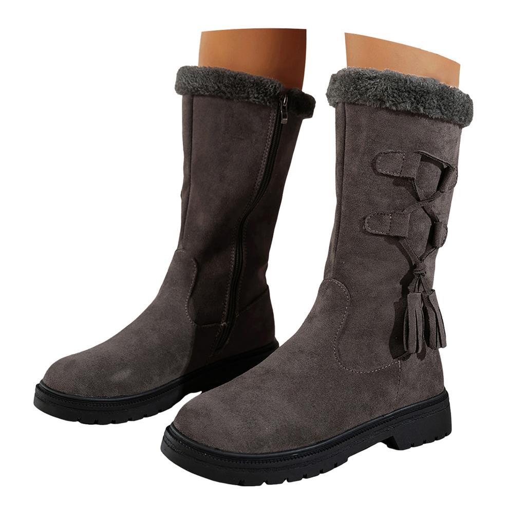 Women's Fashionable Casual Fleece Lined Thick Warm Versatile Everyday Mid Calf Boots Leather Boots for Women Mid Calf