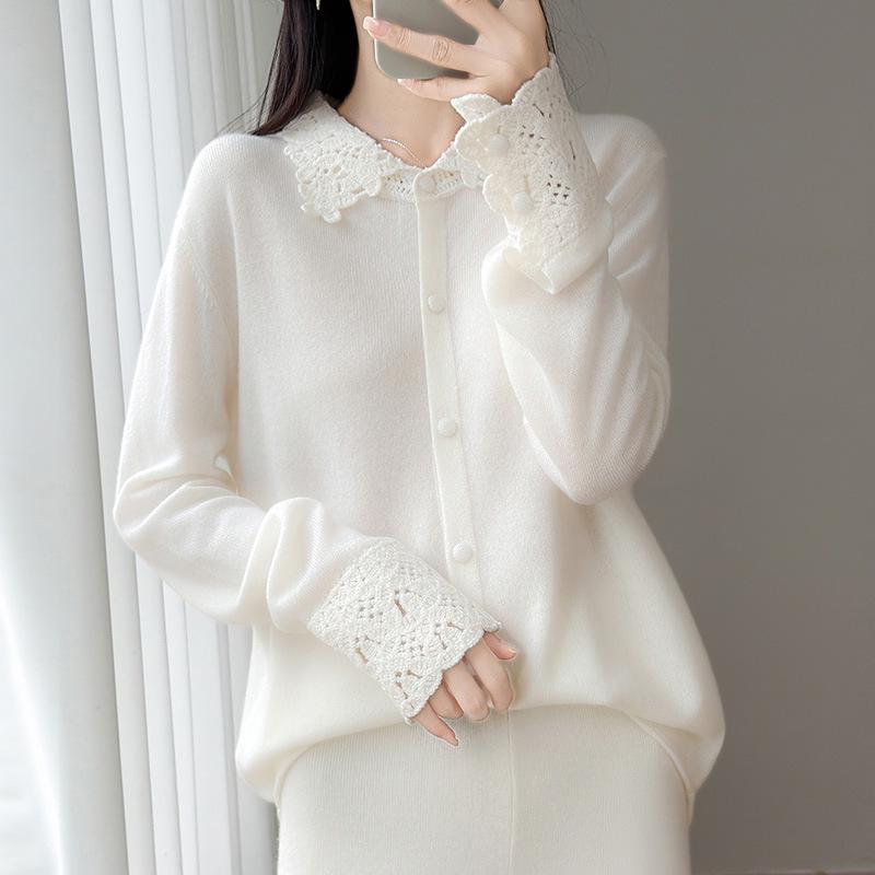 100% Mercerized Wool Crochet Lace Polo Collar Casual Versatile Knit Cardigan for Women