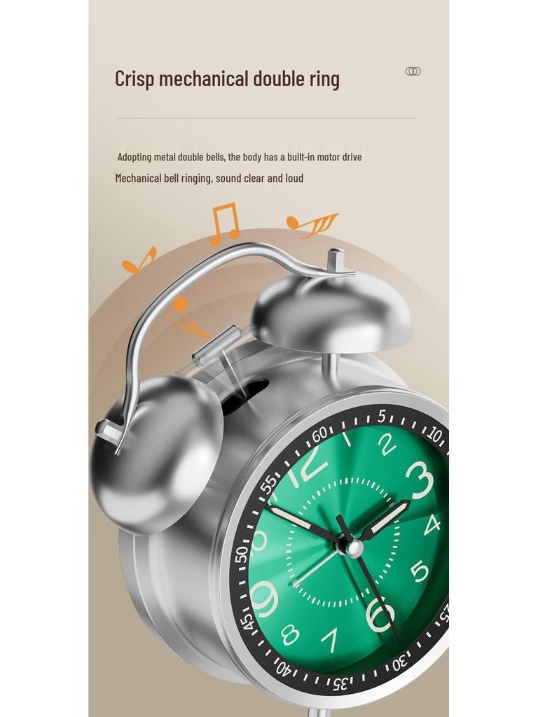 Rechargeable Metal Bell Alarm Clock with Night Light - Super Loud Wake-Up Device for Bedsides, Ideal for Students and Elderly Rooms.