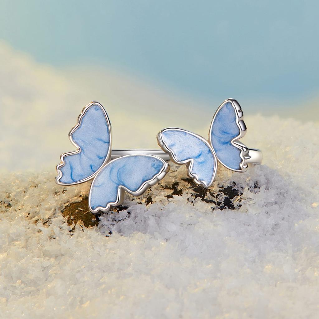Silver universal ring with blue butterflies, silver 925