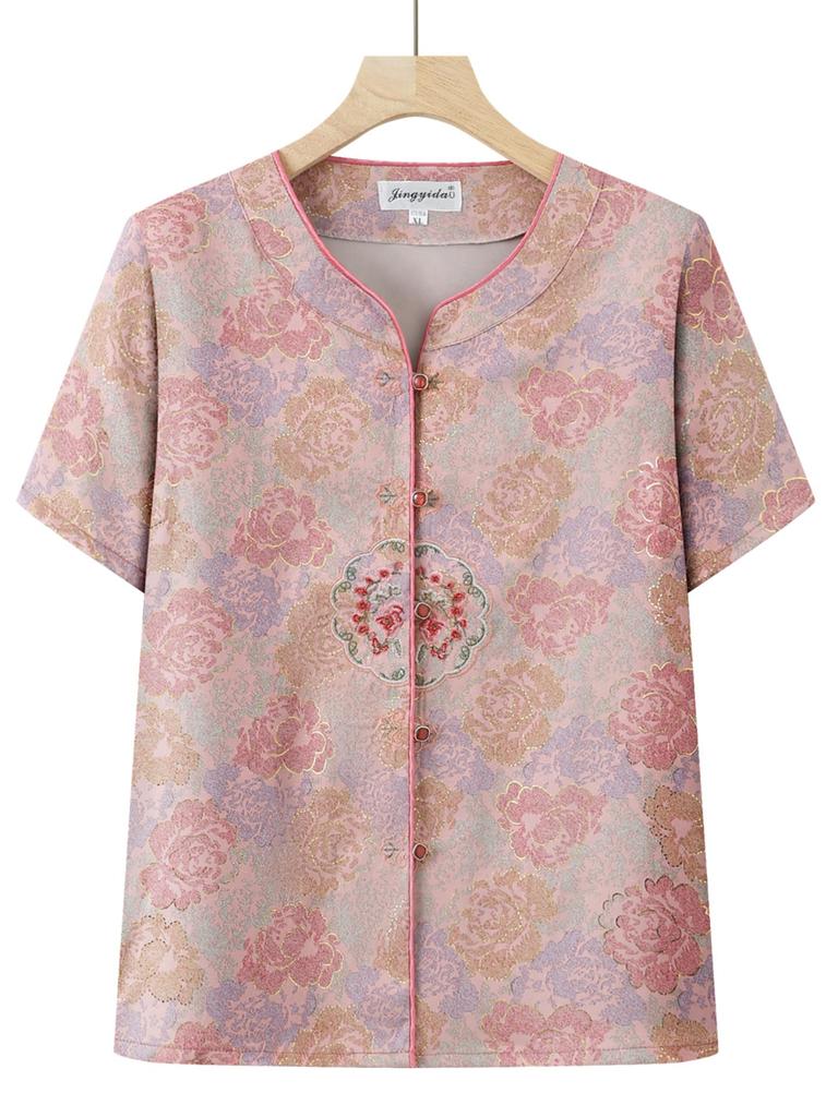 Mom's Chinese-Style Short-Sleeve Summer Top Set for Middle-Aged and Elderly Women